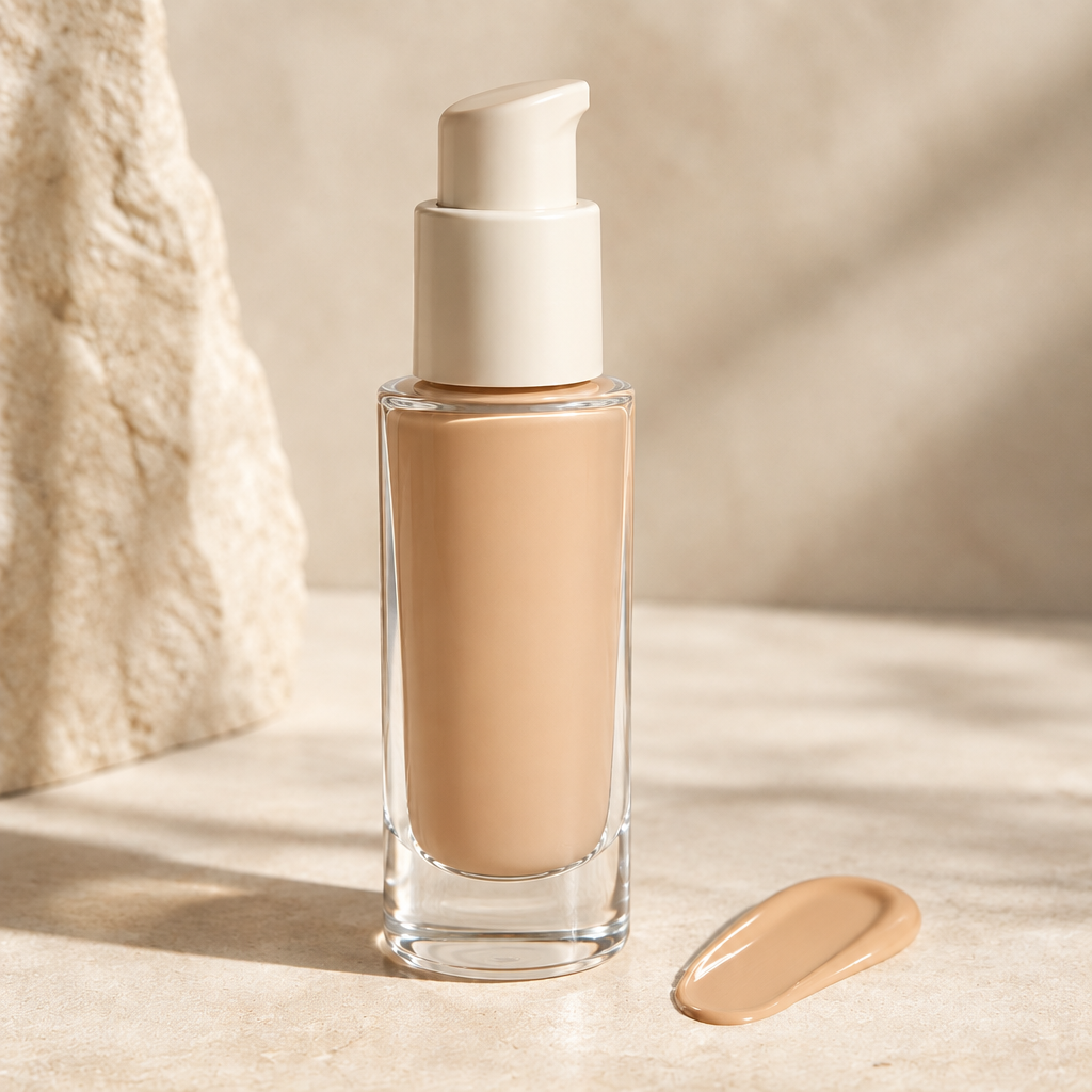 Light Beige liquid foundation in clear pump bottle with color swatch