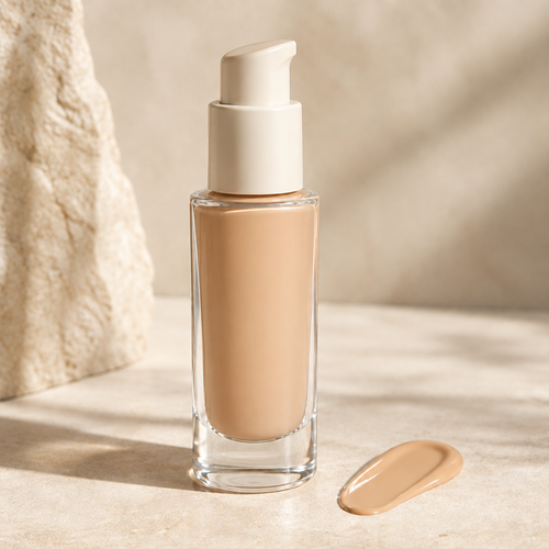 Light Beige liquid foundation in clear pump bottle with color swatch