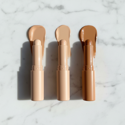 Three concealer sticks in ivory, medium beige and caramel tan with swatches on white marble