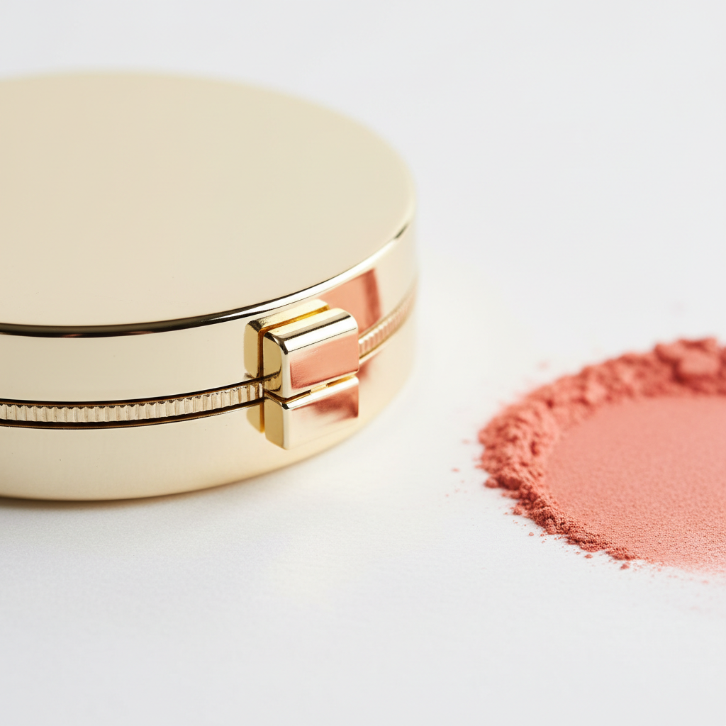 Gold blush compact closed side profile with powder swatch
