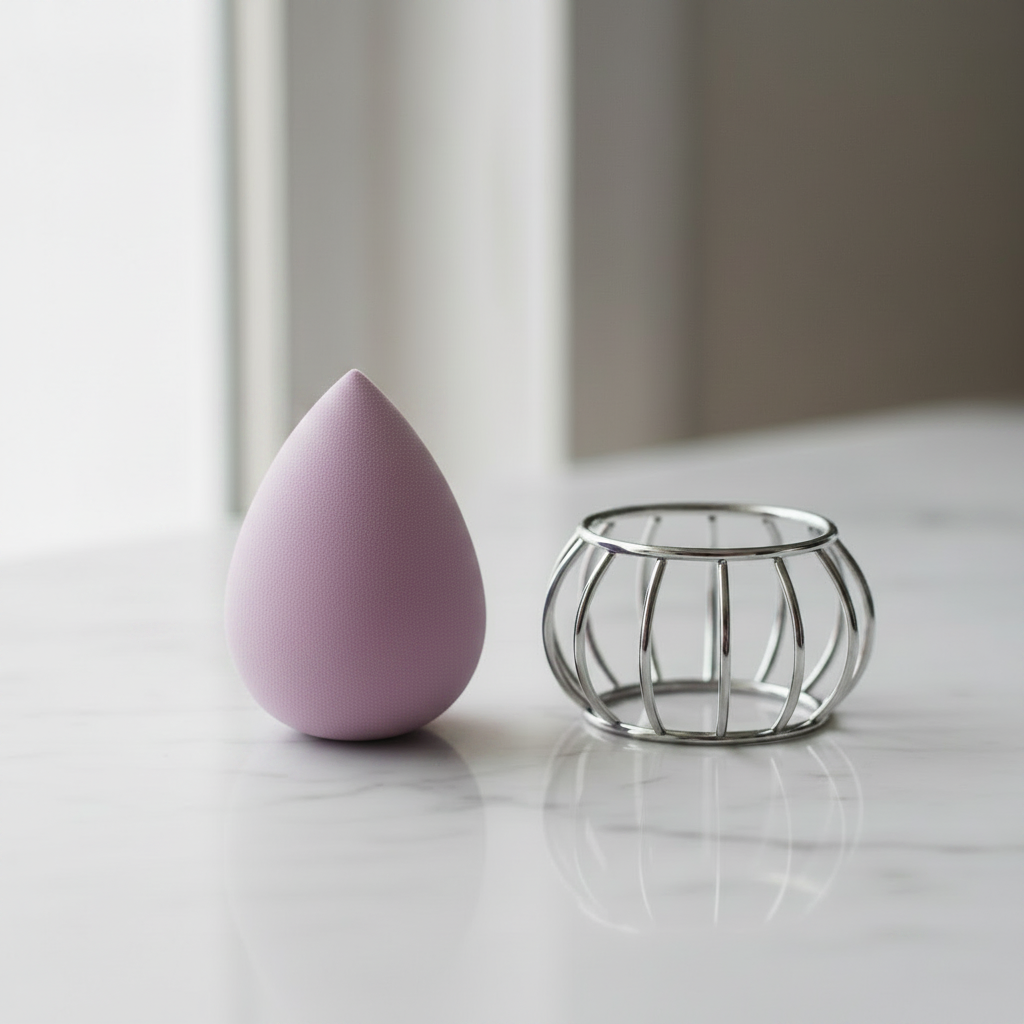 Lavender Purple teardrop makeup sponge beside silver wire cage holder on white marble