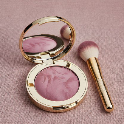 Mauve Berry baked blush compact open with gold brush on dusty rose fabric