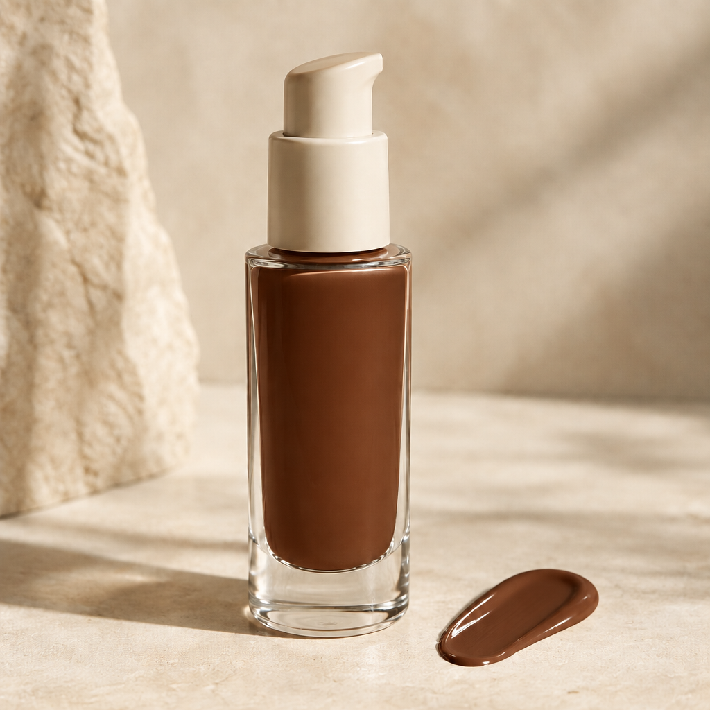 Deep Cocoa liquid foundation in clear pump bottle with color swatch