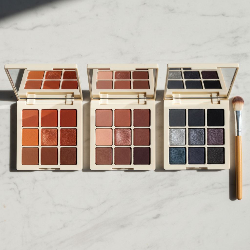 Three eyeshadow palette editions side by side on white marble