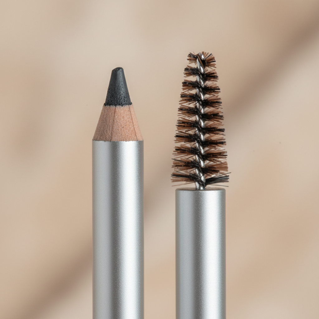Close-up of eyebrow pencil tip and spoolie brush ends on beige background