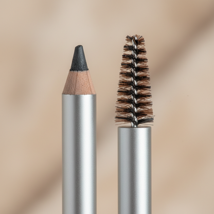 Close-up of eyebrow pencil tip and spoolie brush ends on beige background