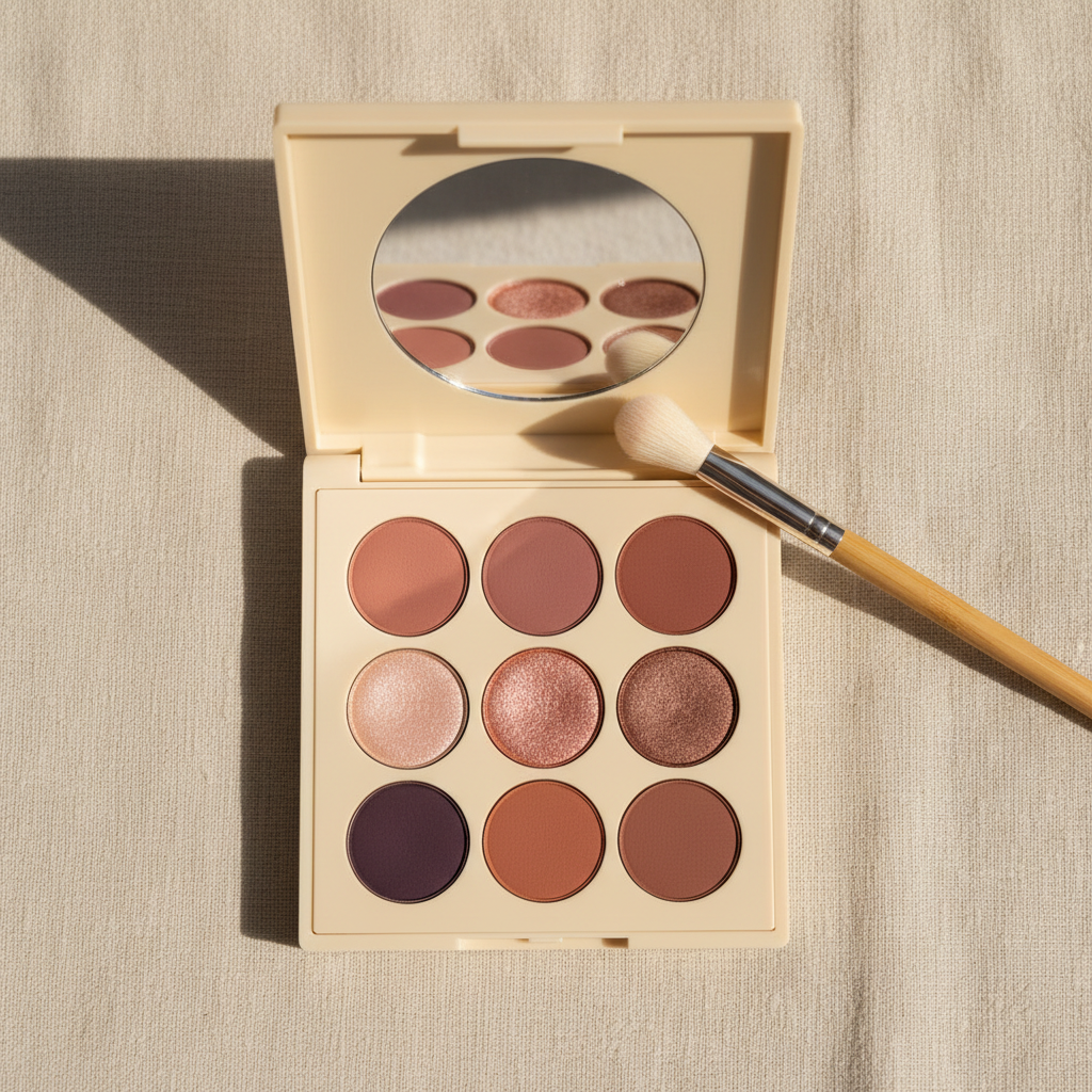 Rose Brown 9-pan eyeshadow palette open with bamboo brush on cream linen