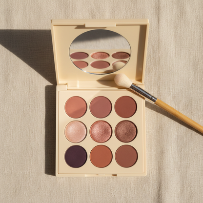 Rose Brown 9-pan eyeshadow palette open with bamboo brush on cream linen