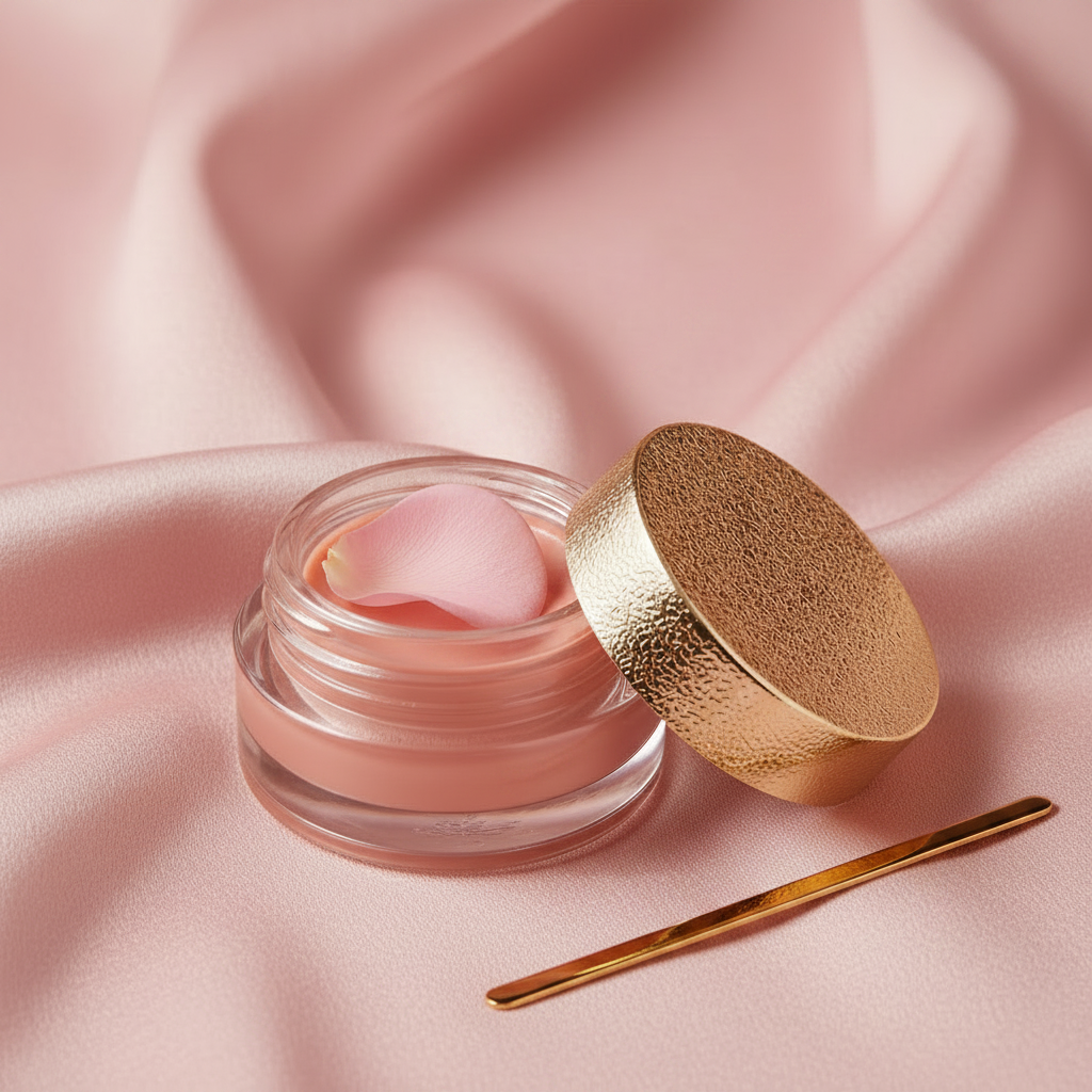 Rose Pink cream blush in clear glass pot with gold lid and spatula on dusty rose silk