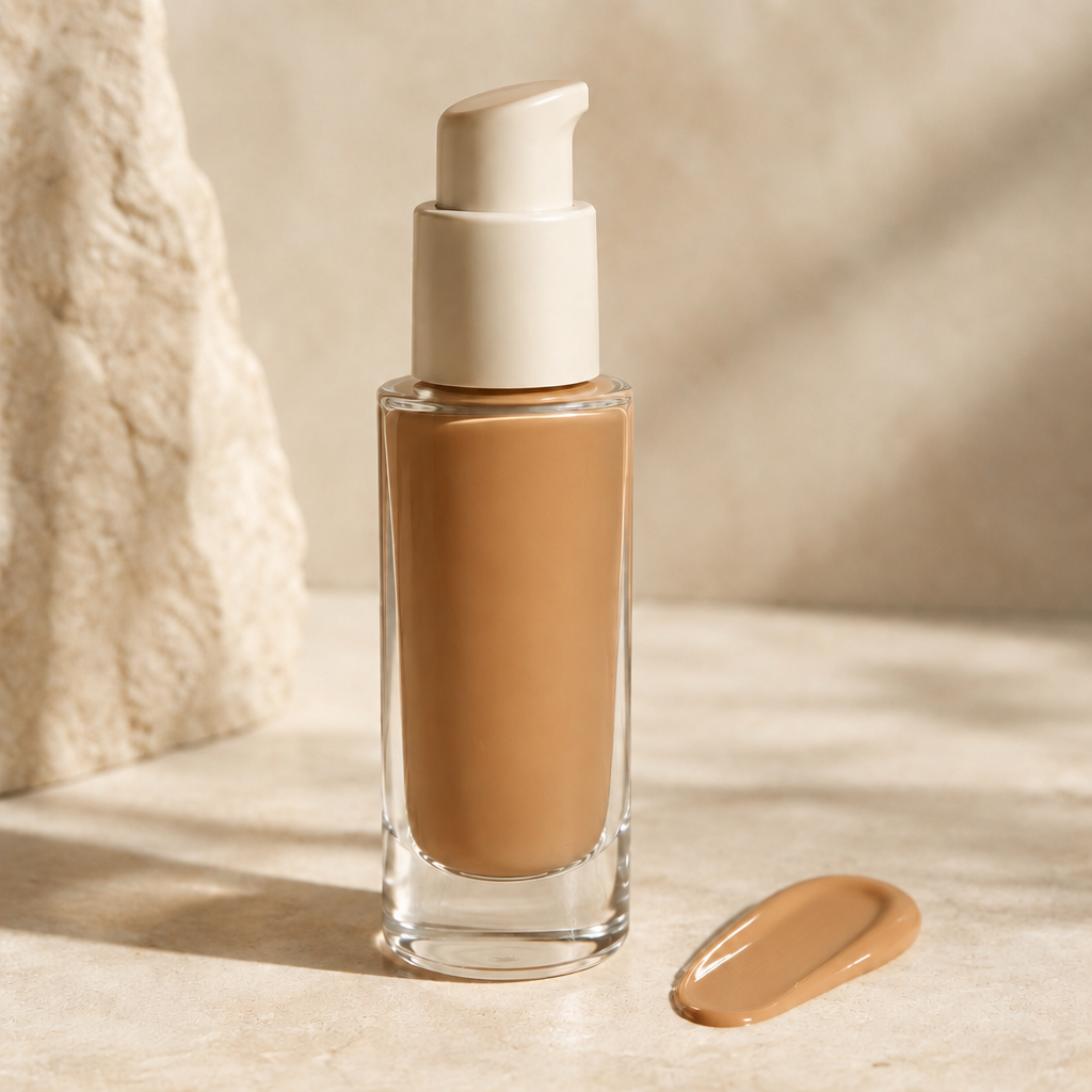 Medium Tan liquid foundation in clear pump bottle with color swatch