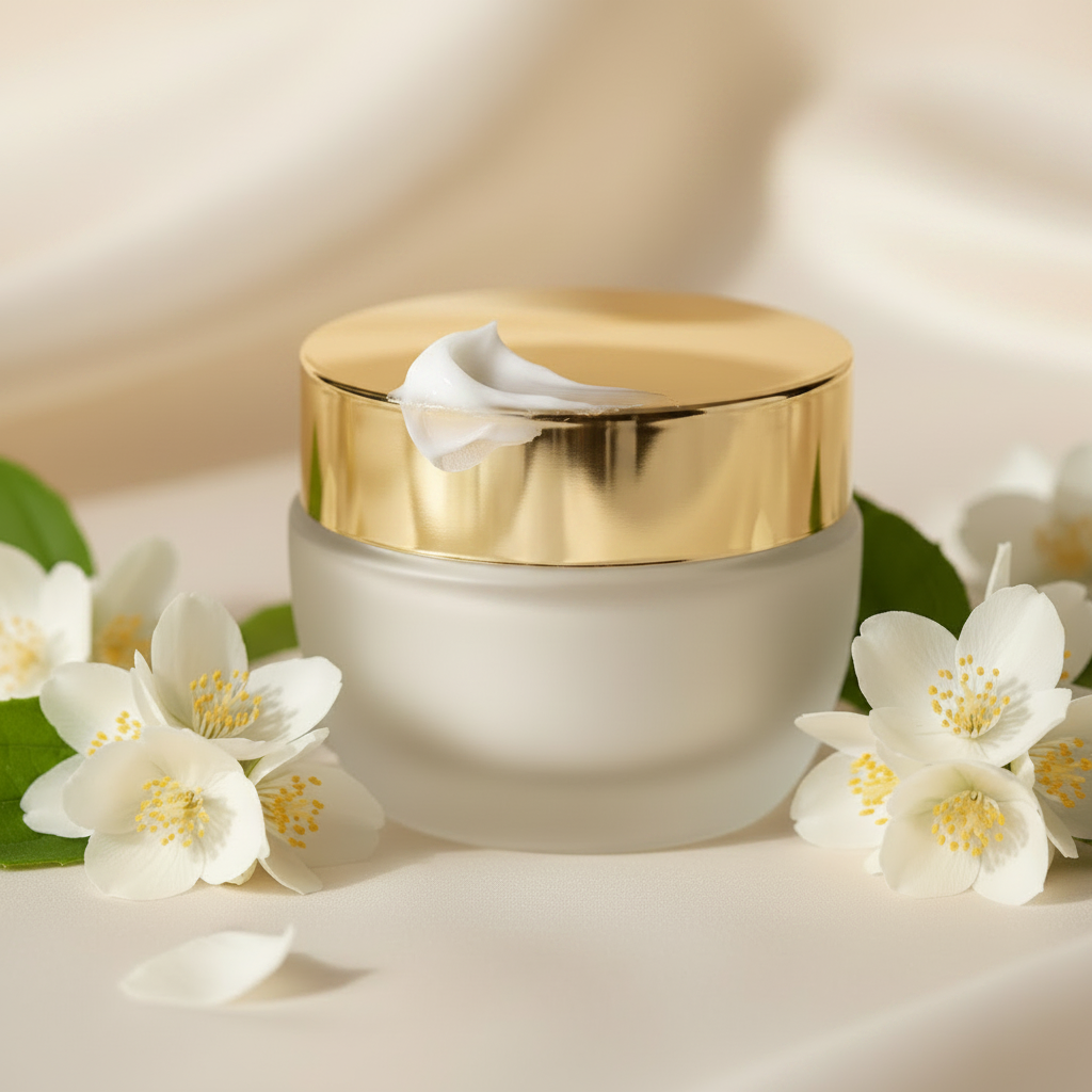 Jasmine Botanical Facial Cream — macro side view showing frosted glass and gold lid detail