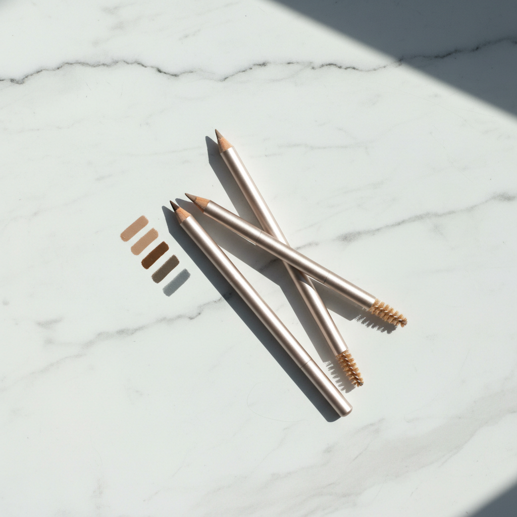 Three eyebrow pencils in taupe, dark brown and ash grey flat lay on white marble