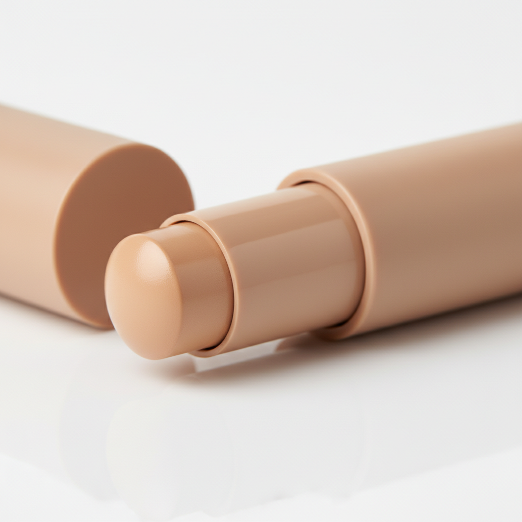 Close-up of concealer stick bullet tip extended from nude beige tube on white surface
