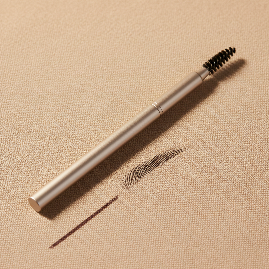 Dark Brown eyebrow pencil with spoolie and brow swatch on beige surface