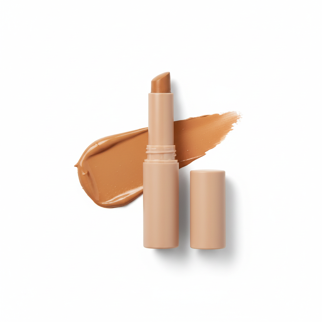 Caramel Tan concealer stick with cap and cream swatch on white background
