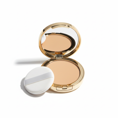 Sand Beige pressed powder compact open with mirror and white puff on white background